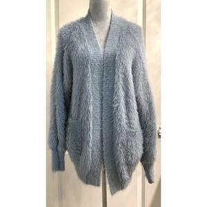 Pinch Dusty Blue Faux Fur Open Front Cardigan Sweater Sz S/M